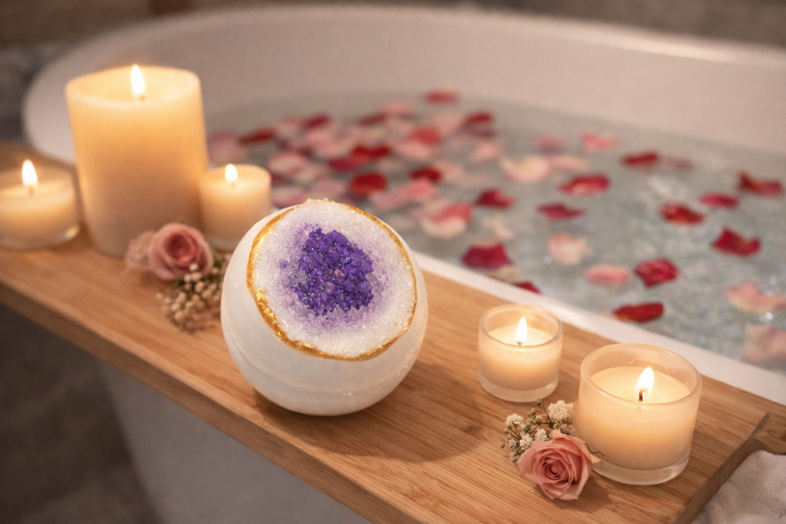 Decorative bath bomb with purple geode design on a wooden tray over a bathtub filled with water and petals.