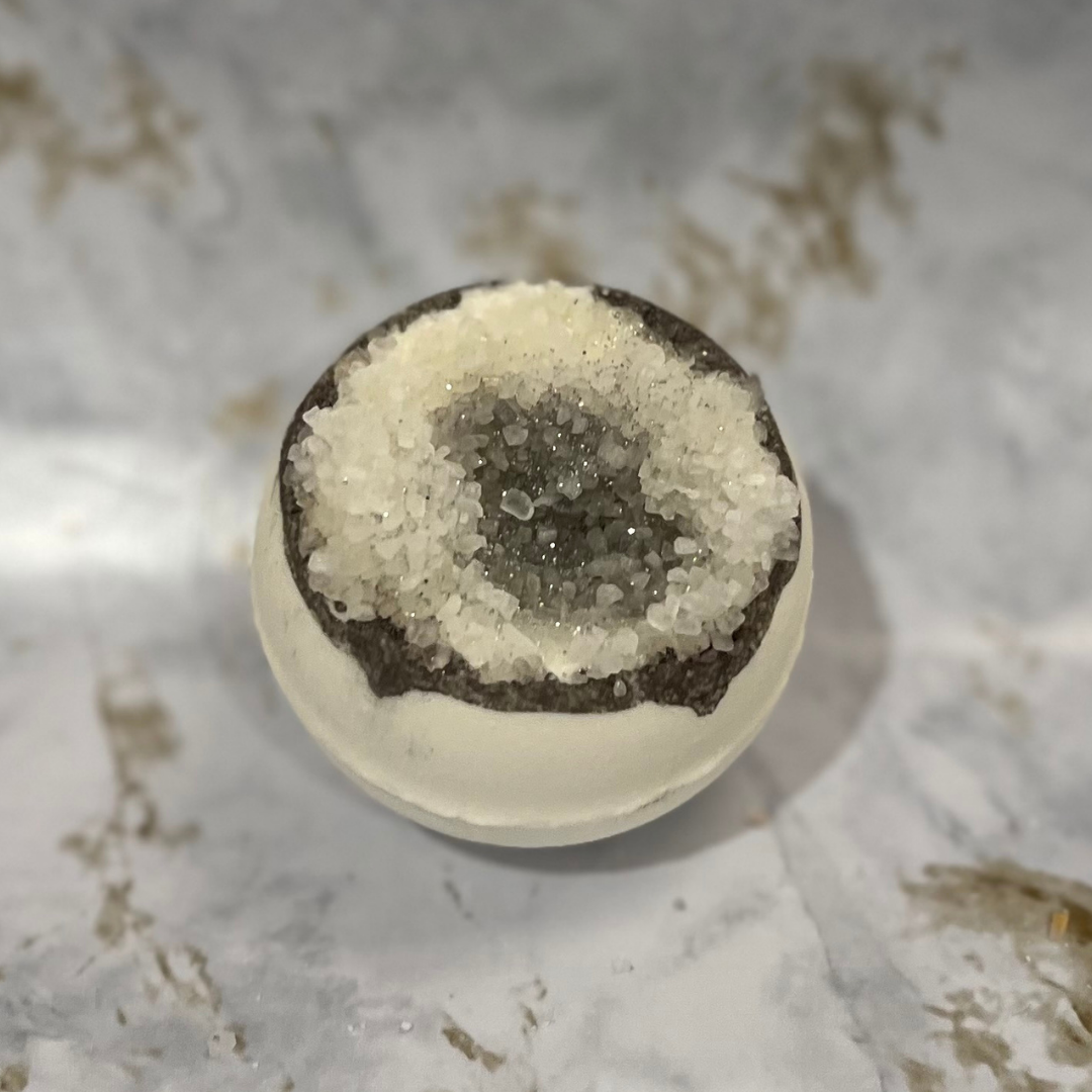 Silver Geode bath bomb on a marble surface