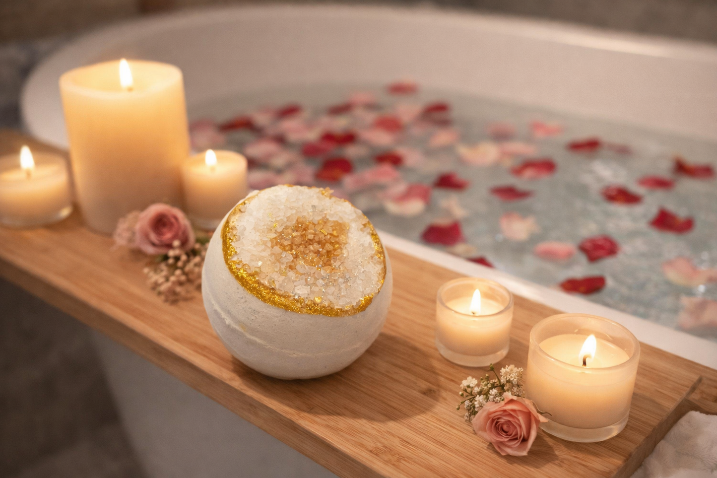 One white bath bomb with a gold center, arranged on a brown bath tray with a candle beside it and a tub with rose petals in the background.