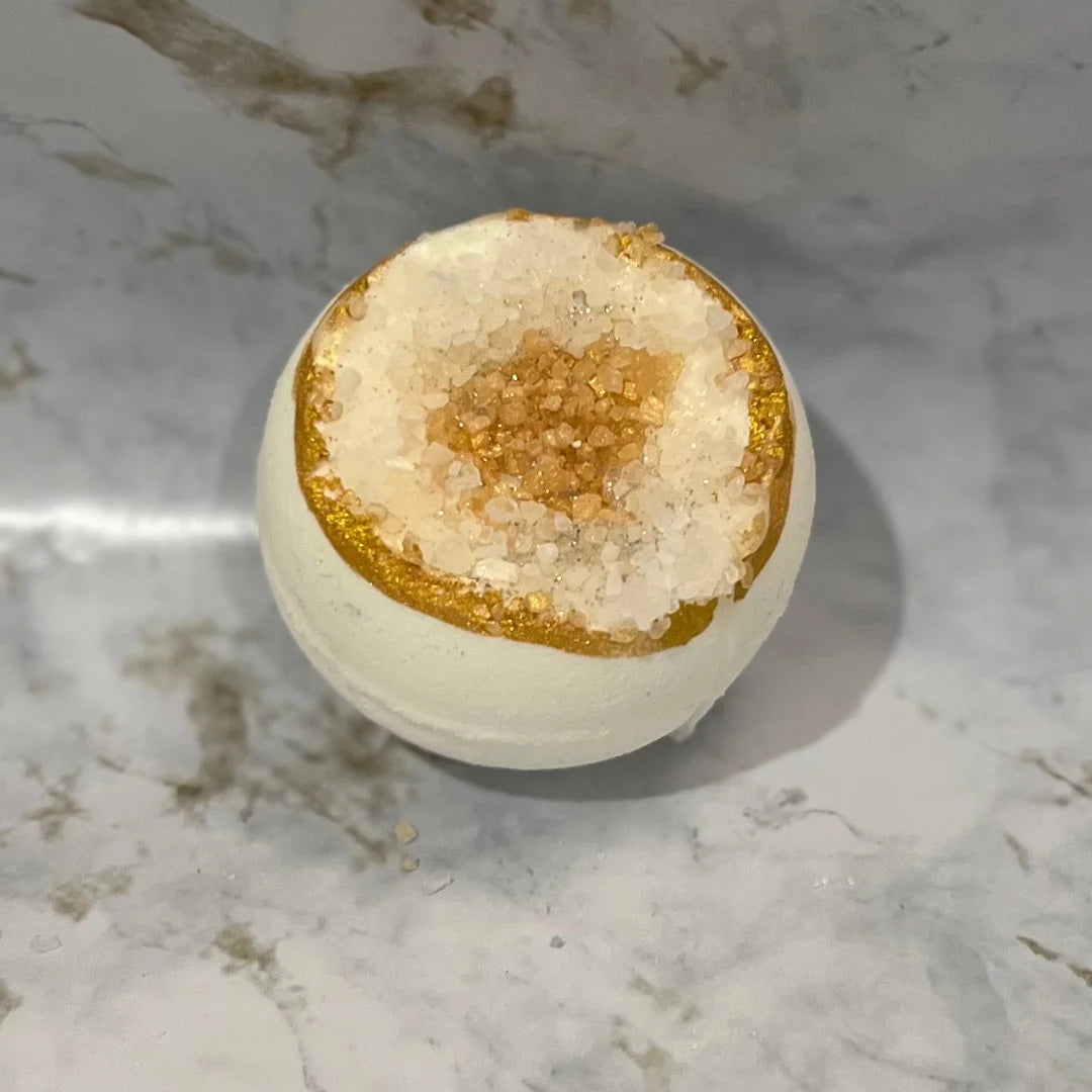 Geode bath bomb on a marble surface